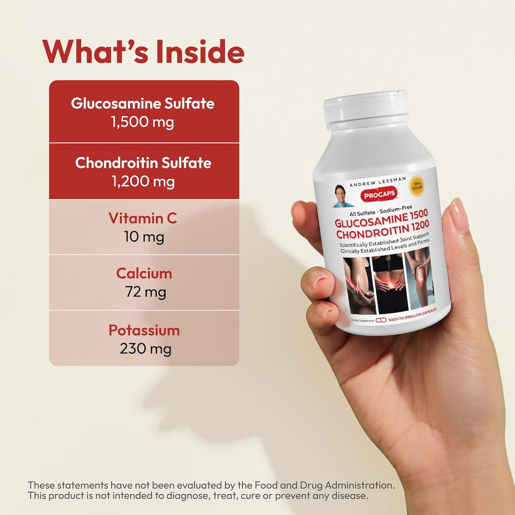 ANDREW LESSMAN Glucosamine 1500 Chondroitin 1200-150 Capsules - All Sulfate, Sodium-Free Form, Research Established Ingredients & Levels for Support of Healthy Joint Tissue. Easy to Swallow Capsules