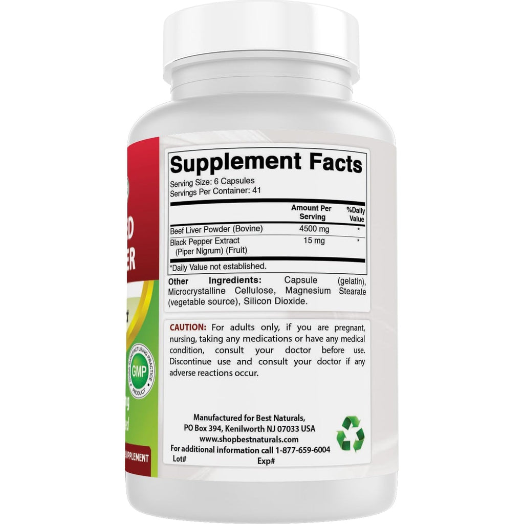 Best Naturals Grass Fed Beef Liver Capsules 4500Mg 250 Count - Desiccated Supplement - Energy Production, Detoxification, Digestion, Immunity - Added Black Pepper Extract for Maximum Absorption.
