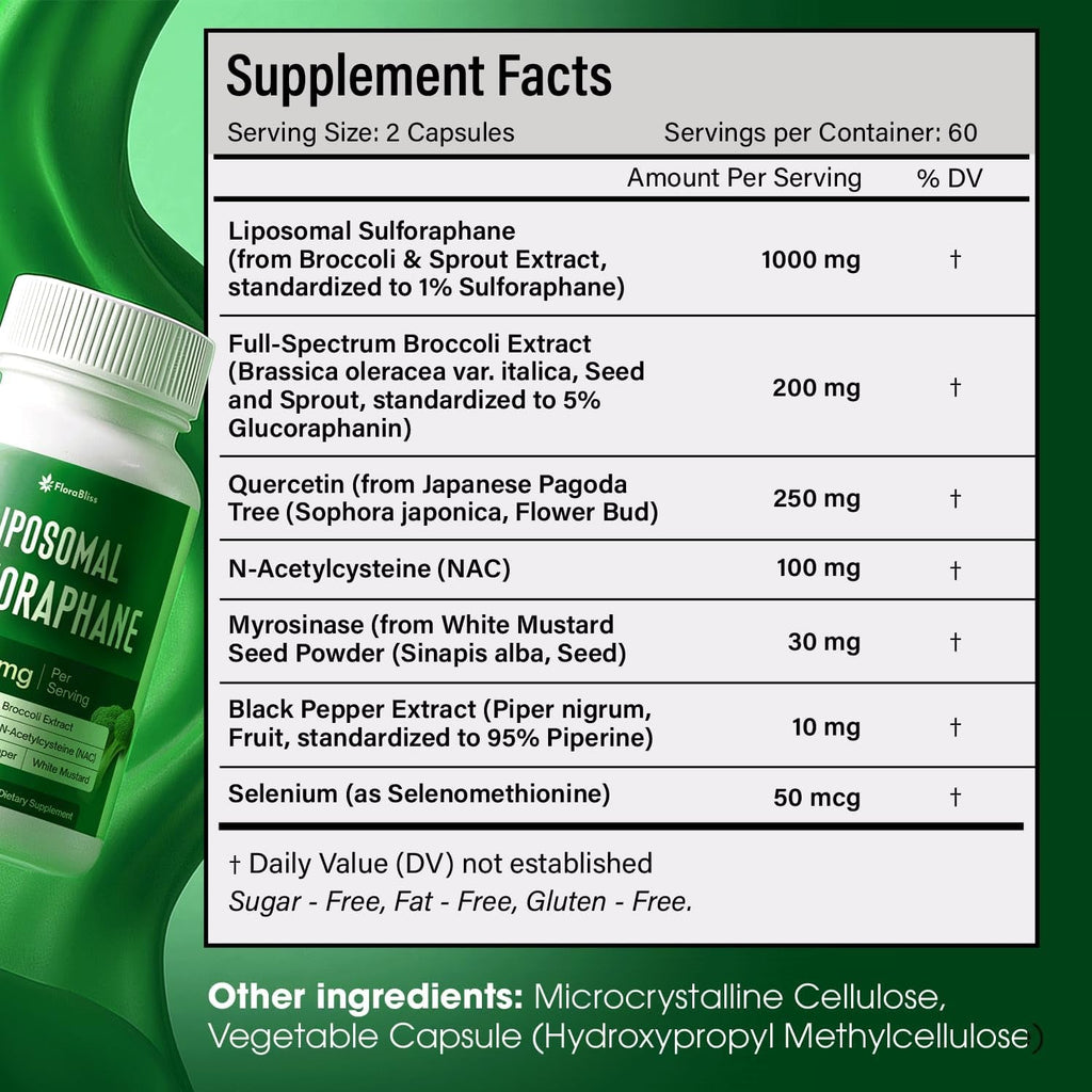 Florabliss 120 Liposomal Sulforaphane Supplement+ 1000Mg Capsules - Broccoli Extract | with Quercetin, Selenium & NAC - High Potency Non-Gmo - Vegan - Non GMO