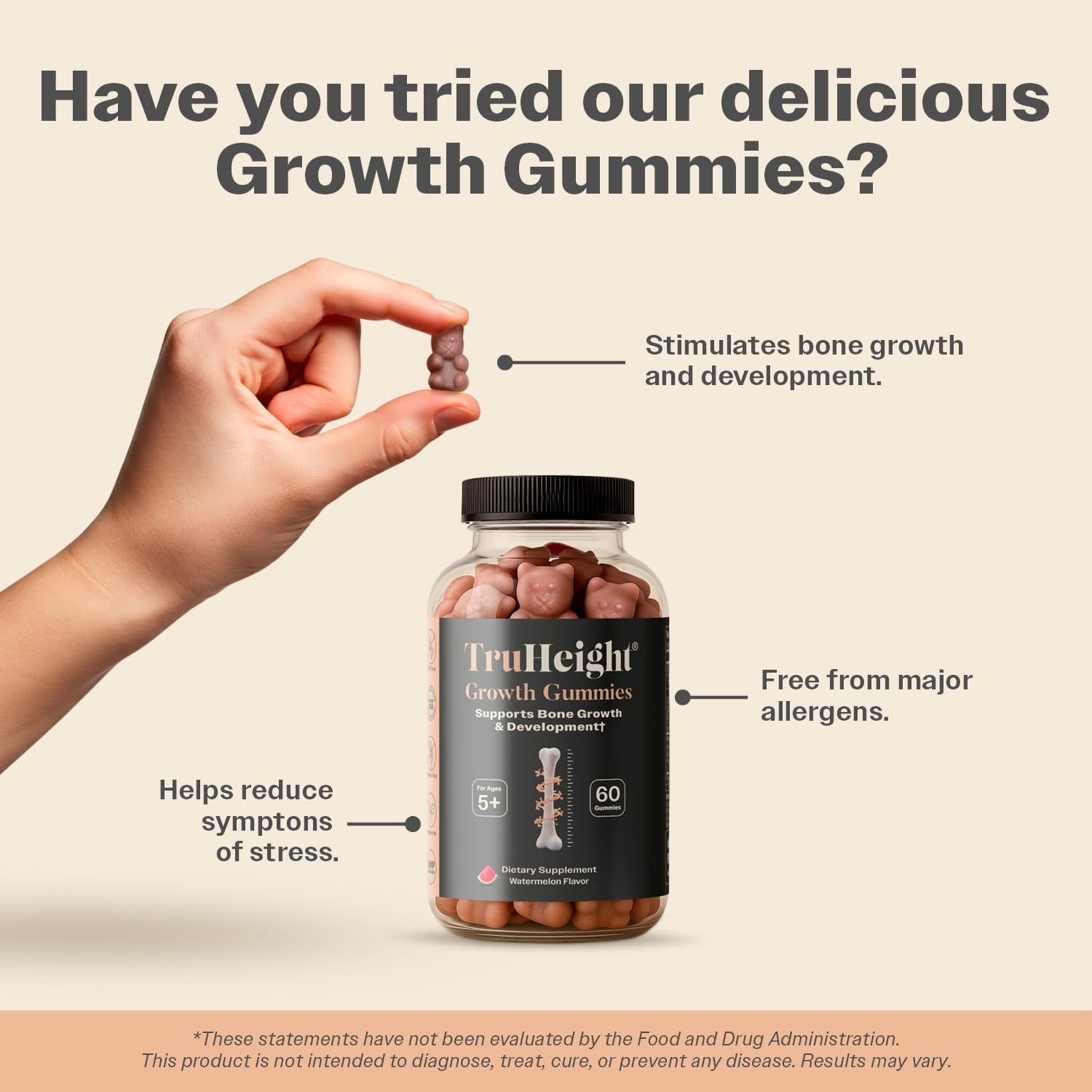 Truheight Growth Gummies (Watermelon) Tall Nutrition for Natural Growth Supplement for Kids & Teens - Vitamin D, K, Calcium & Ashwagandha, Bone Strength Vitamins D3 K2, Picky Eater, Taller Ages 5+