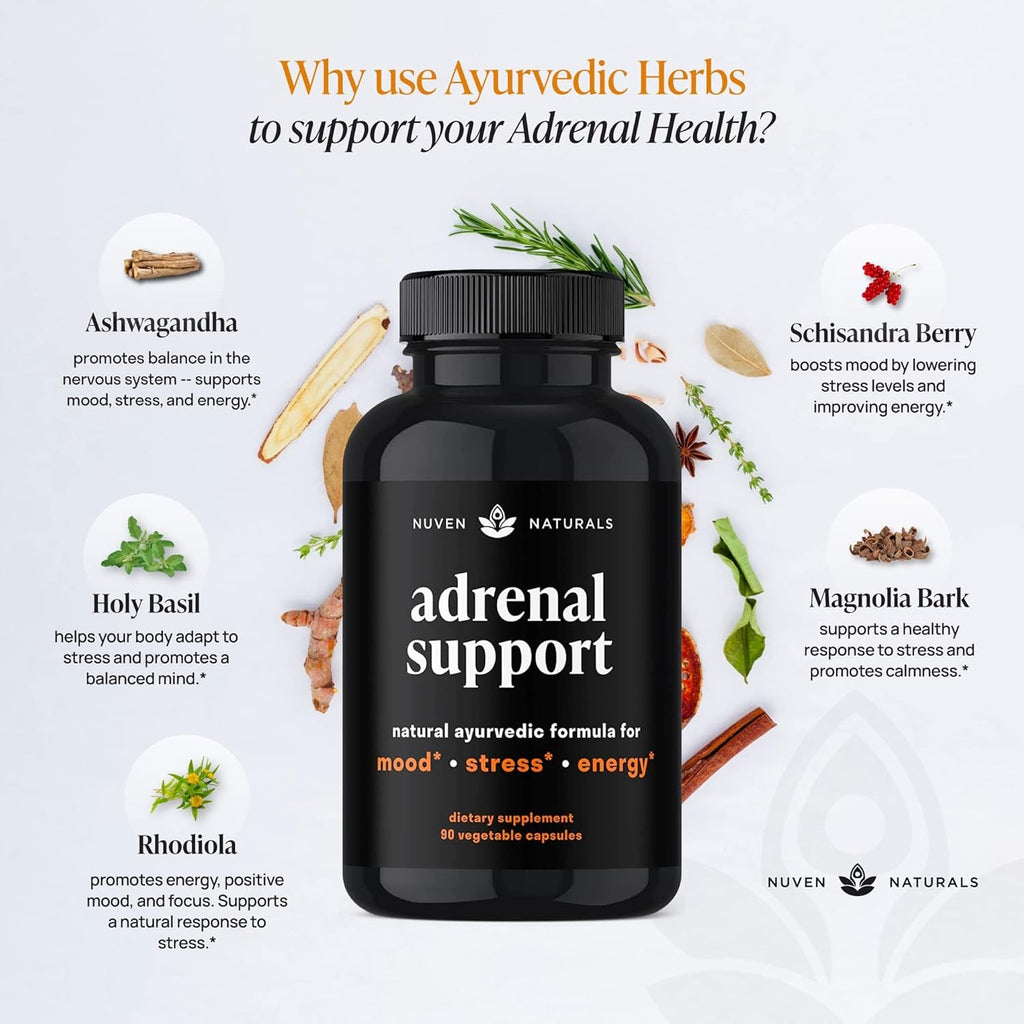 Nuven Naturals Adrenal Support - Cortisol Manager & Adrenal Support Supplements with Ashwagandha Extract, Rhodiola Rosea, Holy Basil to Help Stress, Fatigue & Energy | Adaptogens | 90 Capsules