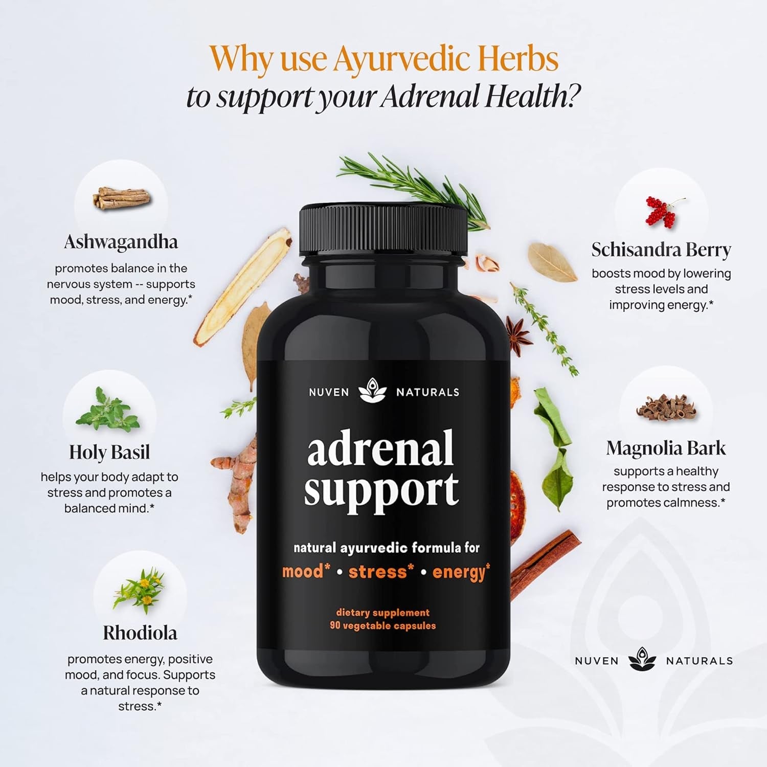 Nuven Naturals Adrenal Support - Cortisol Manager & Adrenal Support Supplements with Ashwagandha Extract, Rhodiola Rosea, Holy Basil to Help Stress, Fatigue & Energy | Adaptogens | 90 Capsules