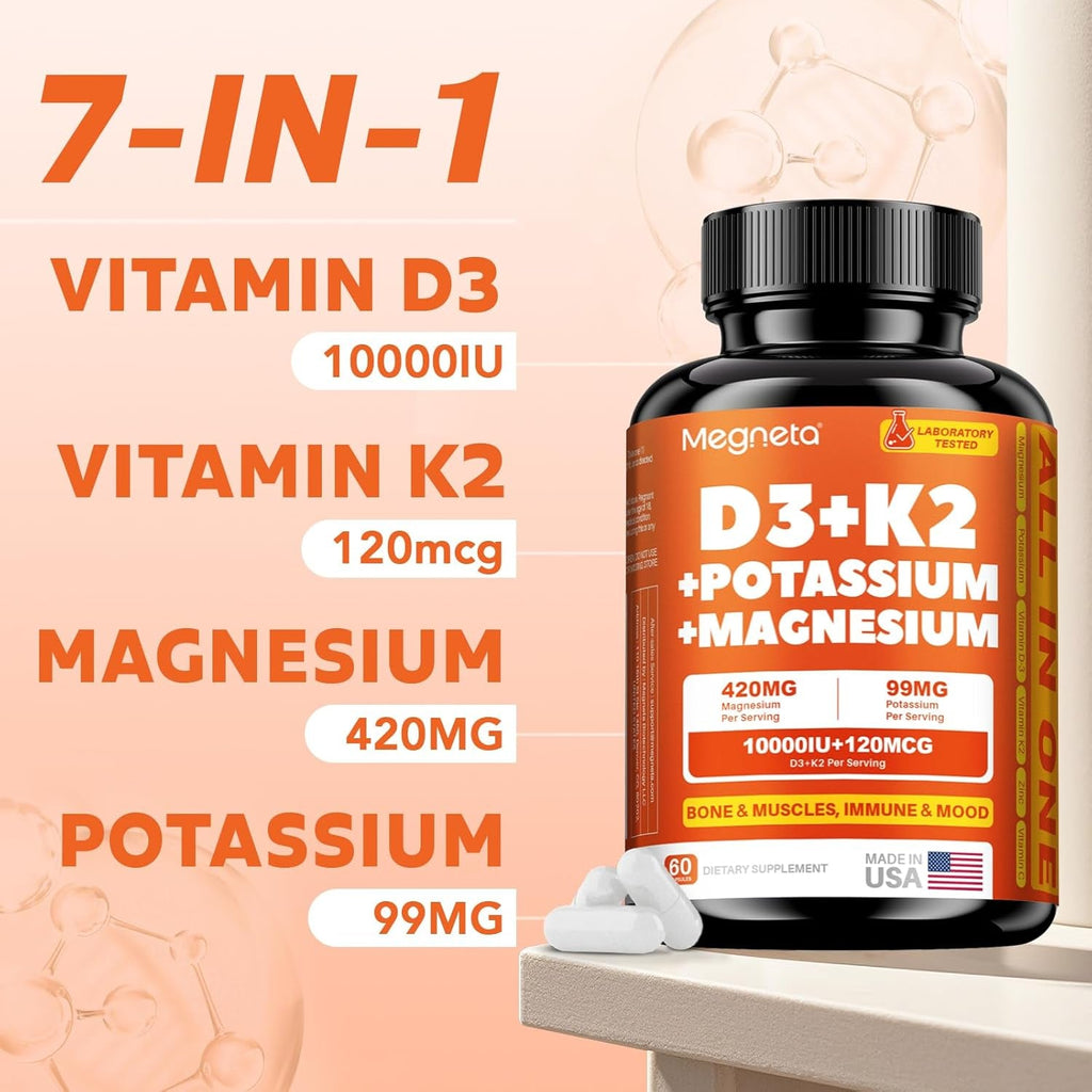 Vitamin D3 K2 (MK-7) 10,000 IU with Magnesium Glycinate & Potassium Supplement - Systemic Complex for Bone, Muscle, Heart, Immune, Energy & Sleep Support – High Absorption, 60 Capsules