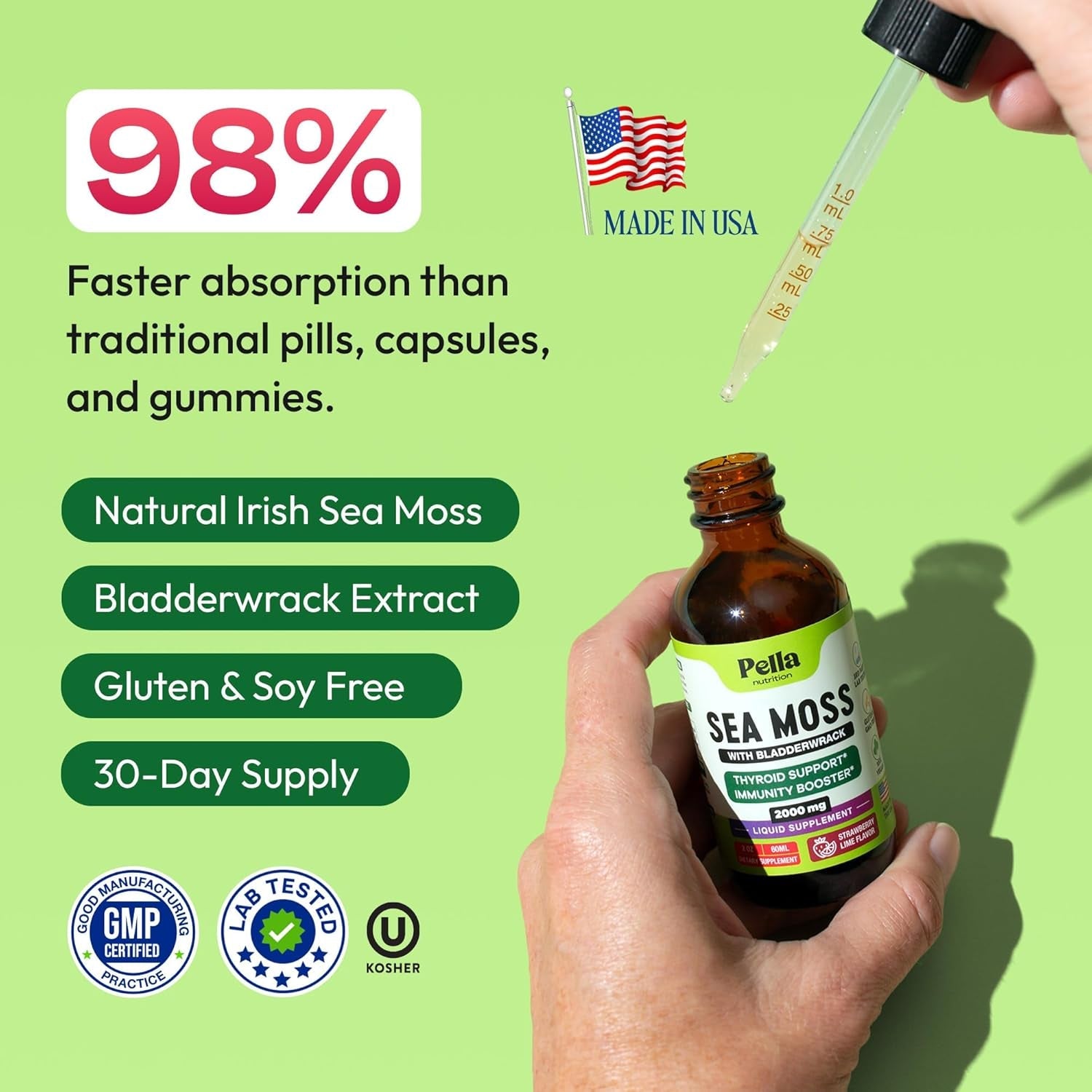 Pella Nutrition Sea Moss Drops with Bladderwrack – 4X Faster Absorption than Irish Sea Moss Gel Superfood, Gummies, and Capsules – Digestive & Immune Support Supplement (Strawberry Lime, 60Ml)