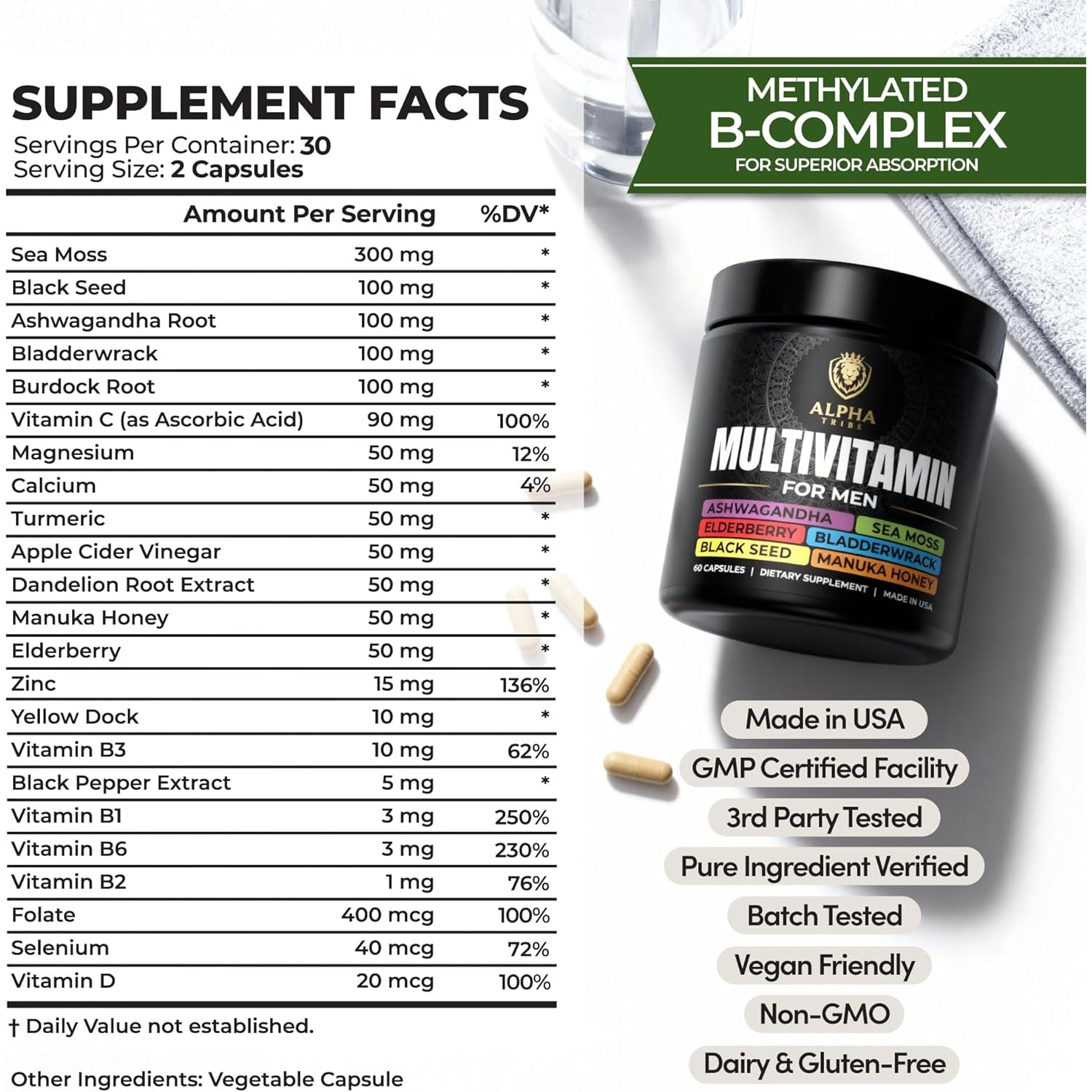 Alpha Tribe Multivitamin for Men with Seamoss Black Seed Oil Ashwagandha Burdock Root, Turmeric Bladderwrack, Vitamin C, Elderberry, Manuka, Yellow Dock | Daily Men'S Vitamins and Minerals Supplement