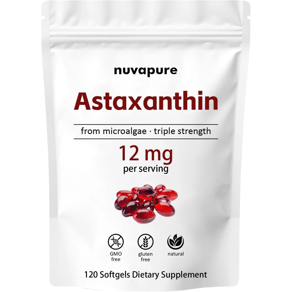 Nuvapure Astaxanthin 12Mg Softgels – Triple Strength Astaxanthin from Microalgae, Non-Gmo, Gluten Free, Antioxidant Dietary Supplement, 120 Softgels