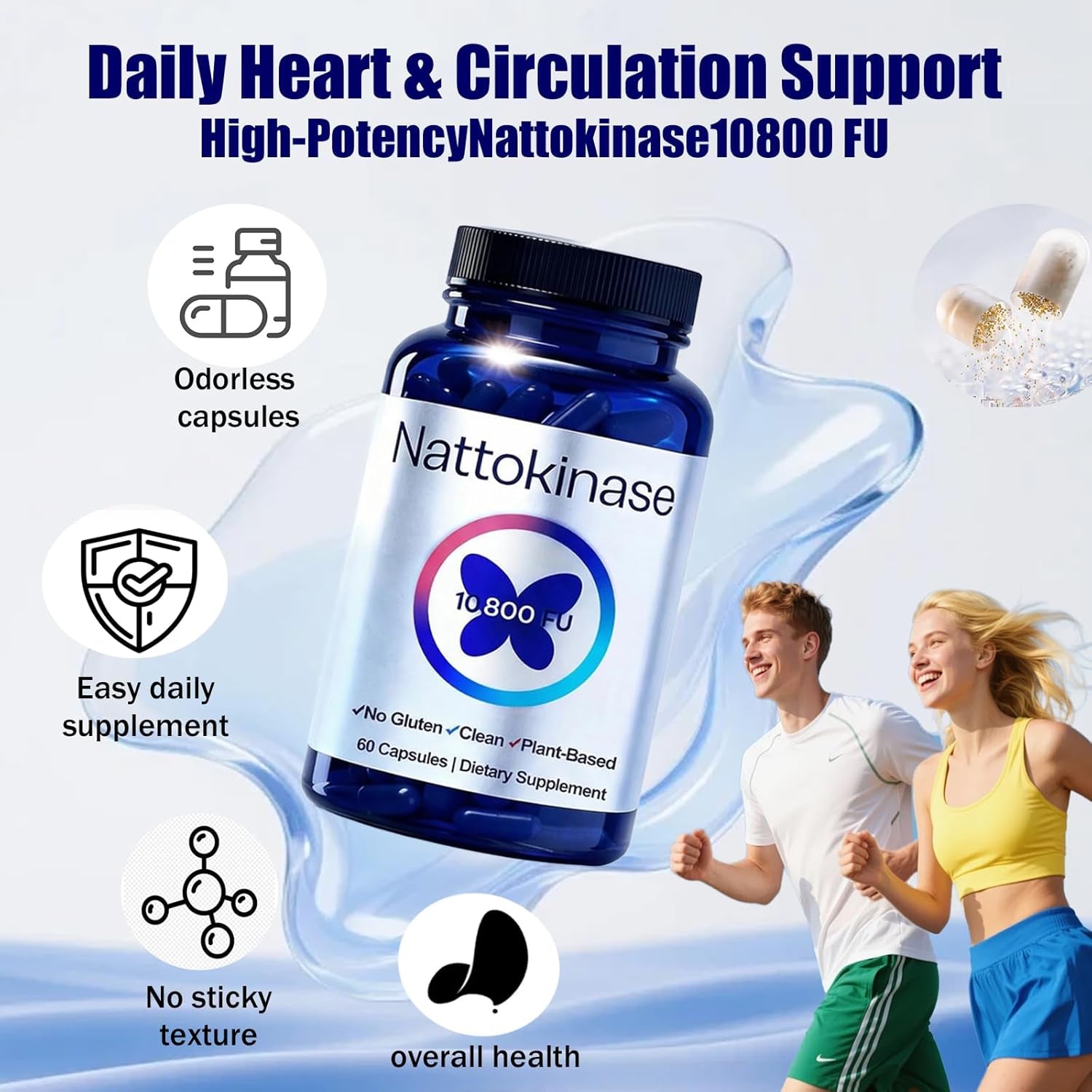 Nattokinase Supplement with 10,800 Fu，Ultimate Nattokinase Supplement Organic,Odorless Fermented Soy Enzyme, Vegan, Gluten Free, Easy Daily Routine, 60 Capsules (1Pc)