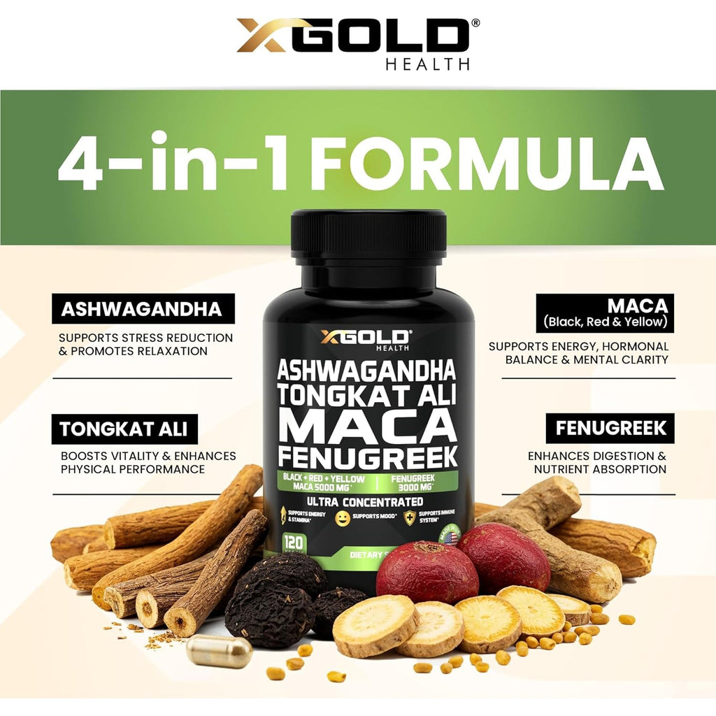 Ashwagandha 30:1 + Tongkat Ali 100:1 + Maca Root 20:1 + Fenugreek 10:1 Extract Supplement for Men & Women | High Potency Herbal Complex | Energy, Vitality & Performance Support | Made in USA