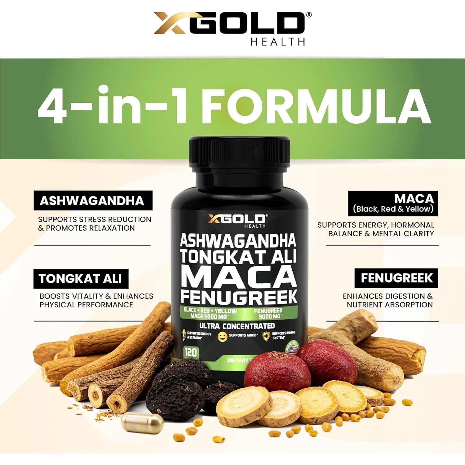 Ashwagandha 30:1 + Tongkat Ali 100:1 + Maca Root 20:1 + Fenugreek 10:1 Extract Supplement for Men & Women | High Potency Herbal Complex | Energy, Vitality & Performance Support | Made in USA