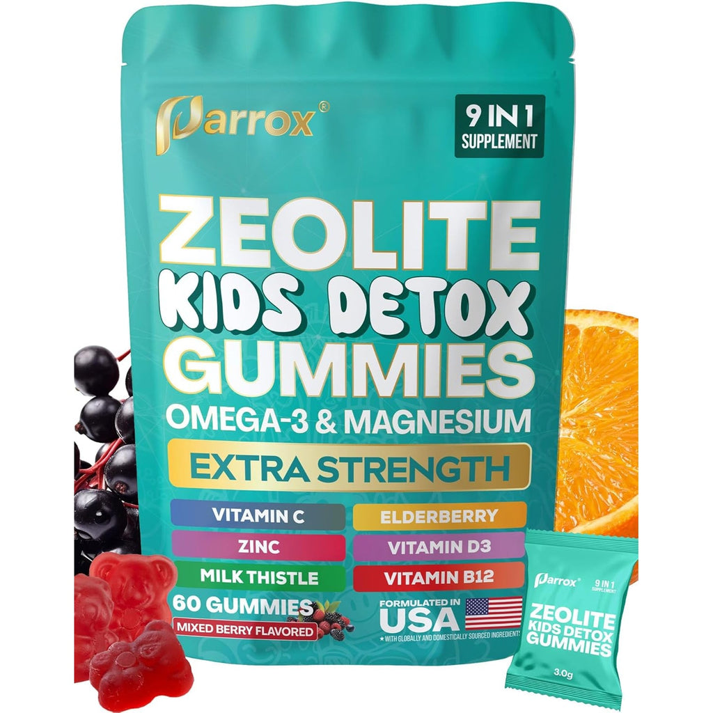 Zeolite Kids Gummies, 9-In-1 with Zeolite, Omega-3, Magnesium, Elderberry, Vitamin C, Milk Thistle, Vitamin D3, Zinc, B12 – Sugar-Free (60 Gummies – Mixed Berry Flavor)
