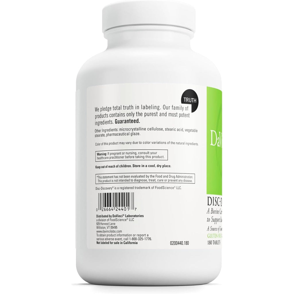 DAVINCI Labs Disc Discovery - Support Spinal Health & Back Function - with Vitamin C, Vitamin D3, Bovine Tracheal Cartilage, Apple Pectin & Horsetail Powder - Gluten-Free - 180 Capsules