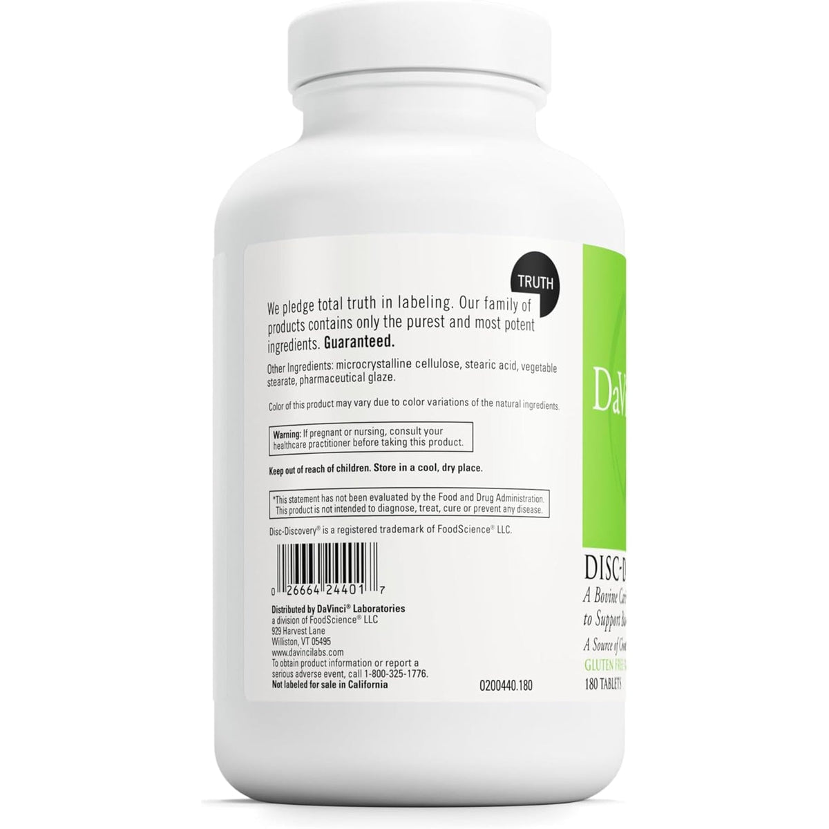 DAVINCI Labs Disc Discovery - Support Spinal Health & Back Function - with Vitamin C, Vitamin D3, Bovine Tracheal Cartilage, Apple Pectin & Horsetail Powder - Gluten-Free - 180 Capsules