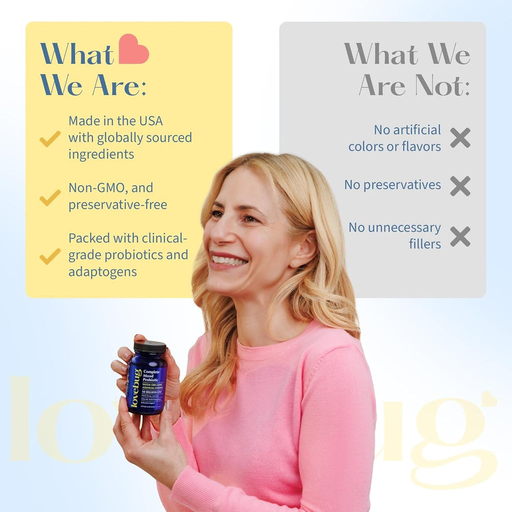 LOVEBUG Complete Mood Probiotic | 10 Clinically Studied Probiotic Strains & Patented Organic Ashwagandha for Cortisol and Serotonin Support | Natural Energy | Adaptogenic Stress-Defense | 30 Count