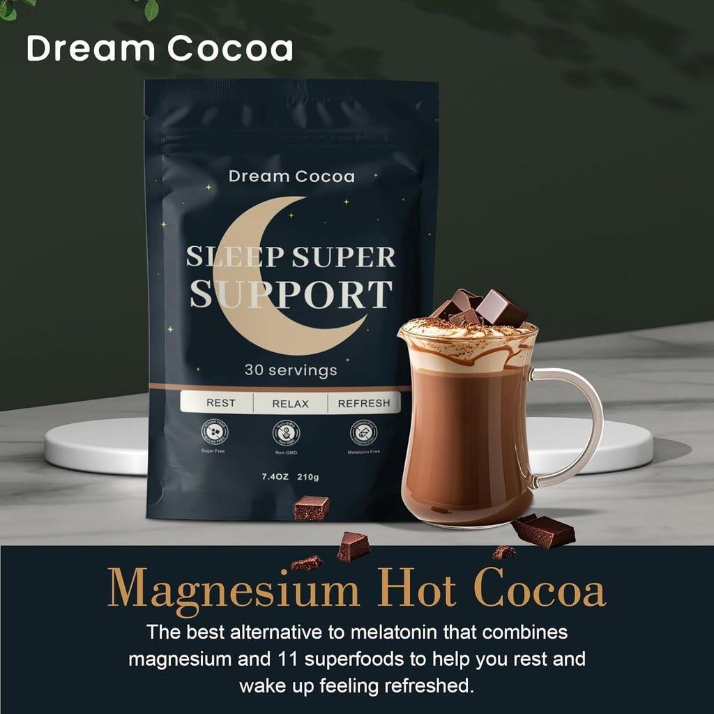 Magnesium Hot Cocoa – Melatonin-Free Natural Sleep Aid Hot Chocolate for Adults with Reishi Mushroom, L-Theanine & Zinc Glycinate – Relaxation & Restful Sleep Support Mushroom Coffee, 30 Servings