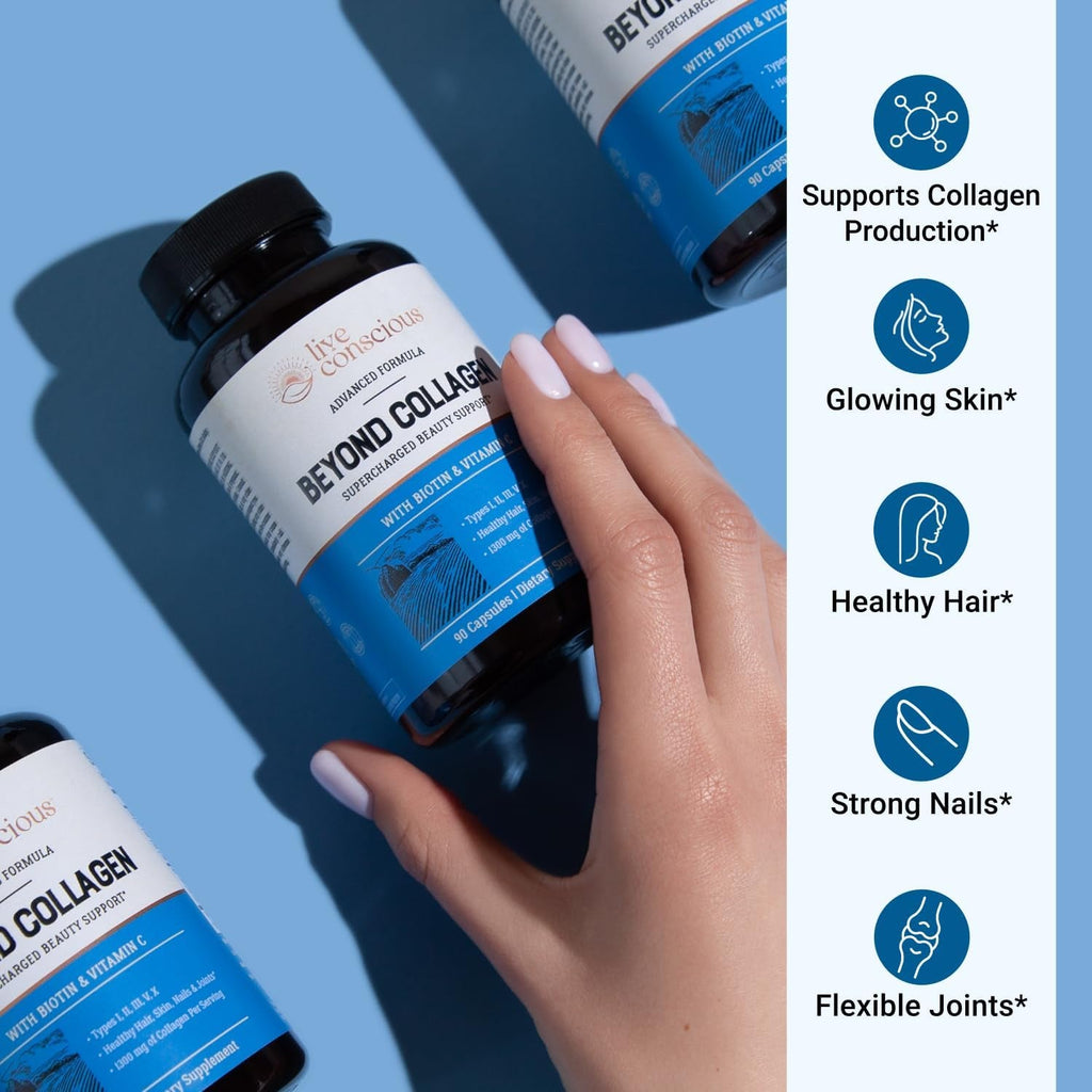 Live Conscious beyond Collagen Multi Collagen Capsules - Types I, II, III, V & X - Hydrolyzed Blend with Biotin & Vitamin C for Hair, Skin, Nails 90 Capsules