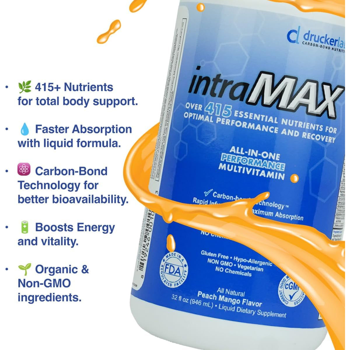Intramax Organic Liquid Multivitamin, Non GMO, Dairy Free, Gluten Free, Magnesium, Vitamin D, C and E, Zinc (32 Oz., Peach Mango)