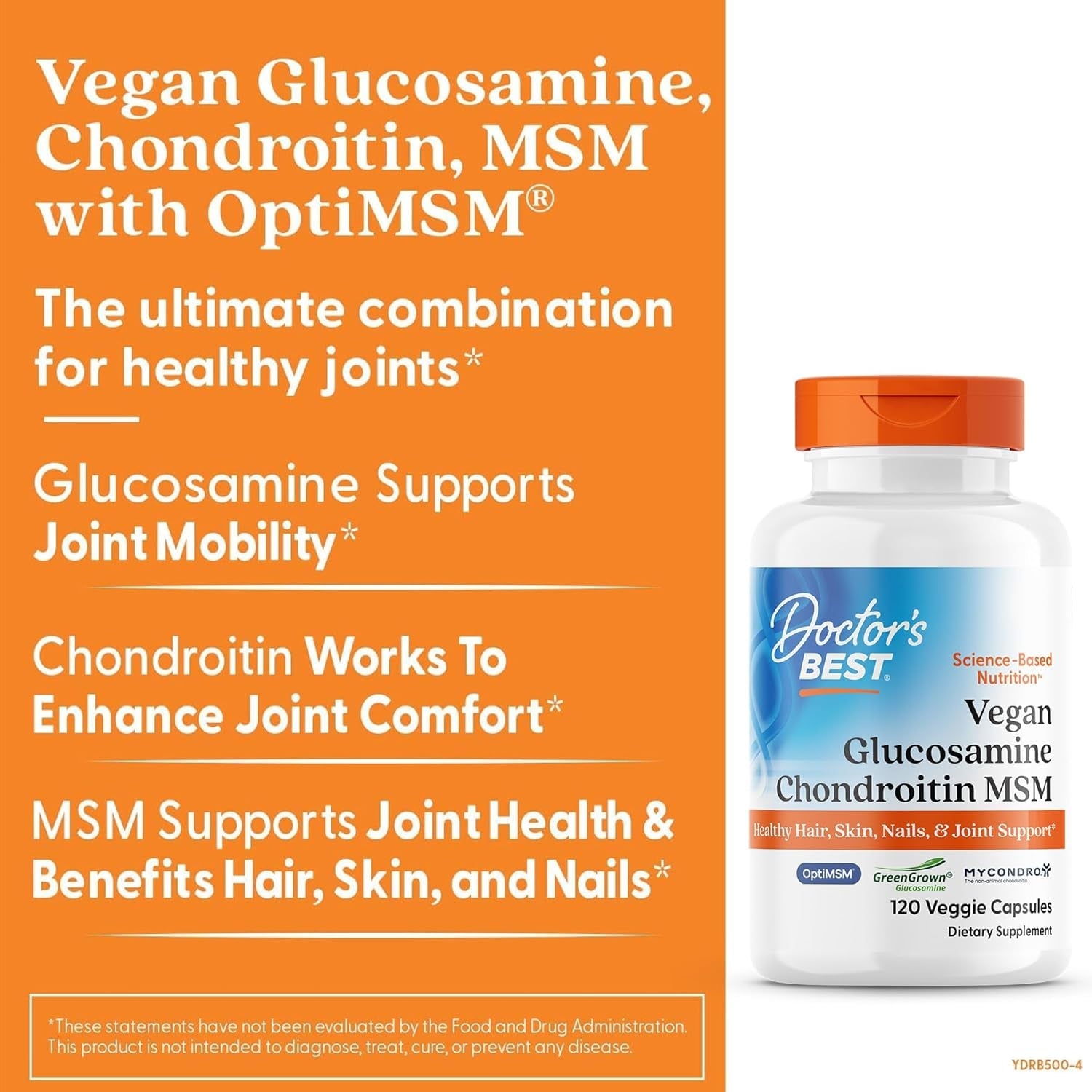 Doctor'S Best Vegan Glucosamine Chondroitin MSM - Joint Health Support Supplement for Women & Men, Nutritional Support for Joint Strength, Hair, Skin, & Nails, Gluten Free, Non GMO - 120 Veg Capsules