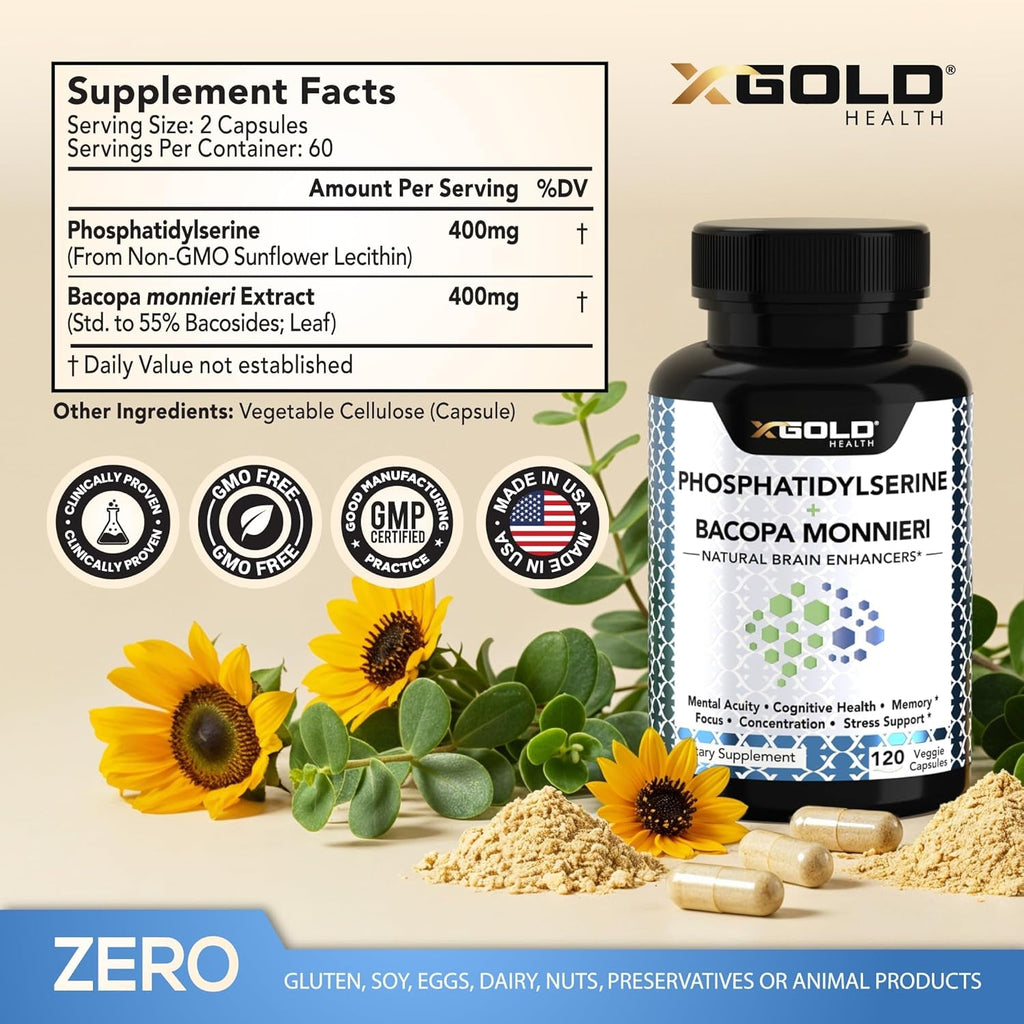 Phosphatidylserine & Bacopa Monnieri 800 Mg 2 in 1 Supplement - Natural Brain Enhancer/Nootropic for Enhanced Focus and Concentration, Memory Support, & Cognitive Function - 120 Vegetarian Capsules