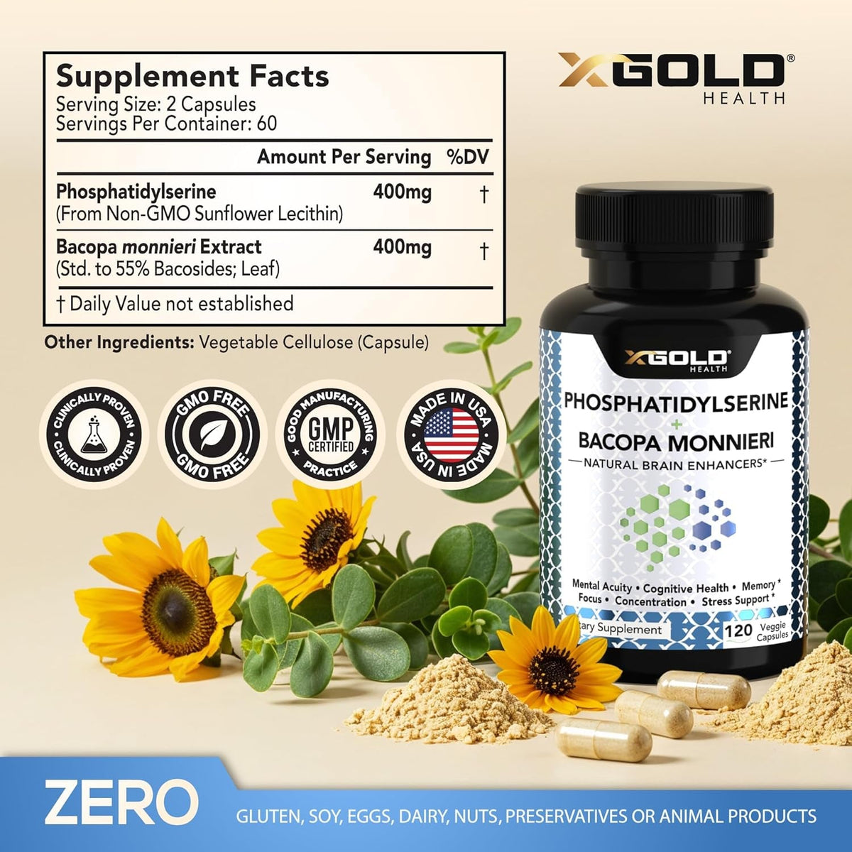 Phosphatidylserine & Bacopa Monnieri 800 Mg 2 in 1 Supplement - Natural Brain Enhancer/Nootropic for Enhanced Focus and Concentration, Memory Support, & Cognitive Function - 120 Vegetarian Capsules