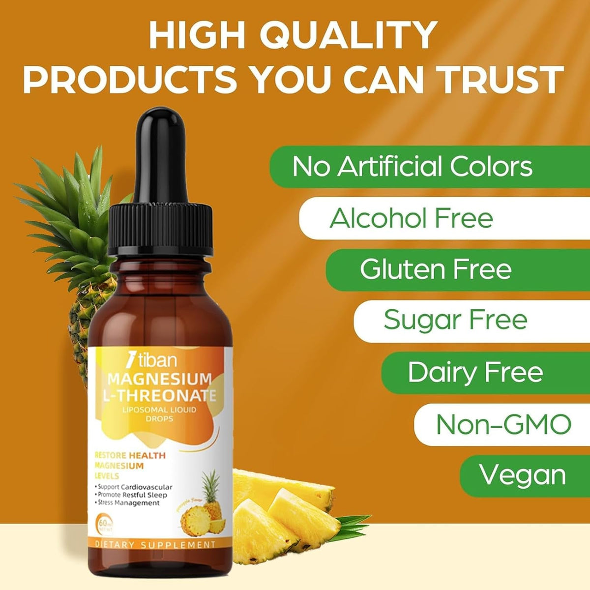 Magnesium L-Threonate Liquid Drops Restore Health Magnesium Levels Support Cardiovascular Promote Restful Sleep Relax Pineapple Flavor 60Ml