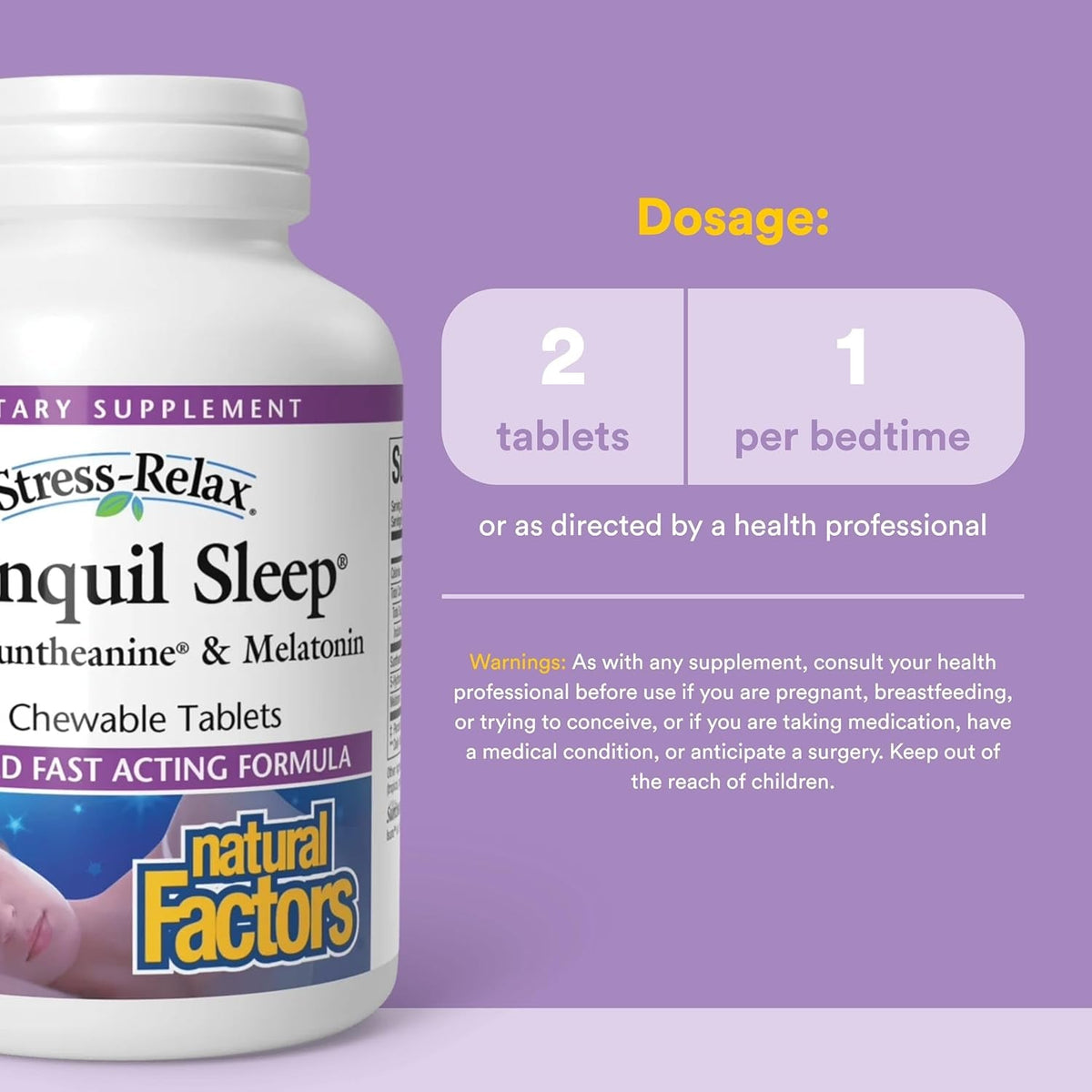 Natural Factors Tranquil Sleep - Calm Sleep Health Supplement - Relaxation Support Supplement with Melatonin & 5-HTP - 60 Chewable Tablets (30 Servings)