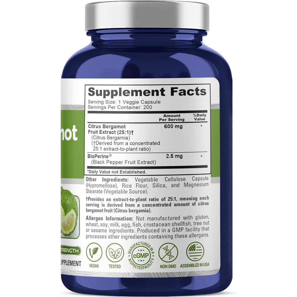 Nusapure Citrus Bergamot Capsules, 600 Mg, 200 Veg Capsules (Non-Gmo, Vegan)