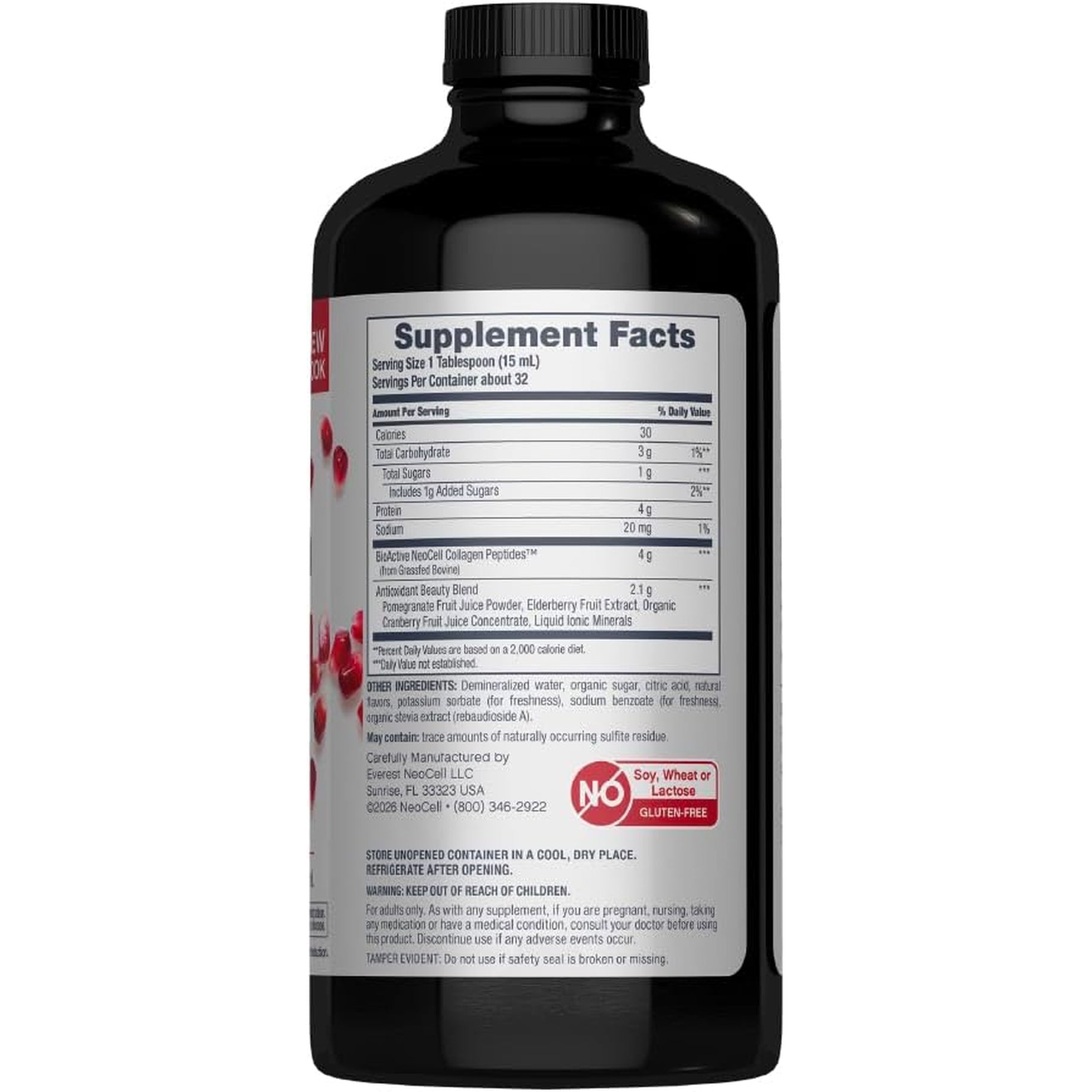 Neocell Liquid Collagen, Skin, Hair, Nails and Joints Supplement, Includes Fruit Juice Concentrates and Green Tea Blend, Pomegranate, 16 Oz., 1 Bottle