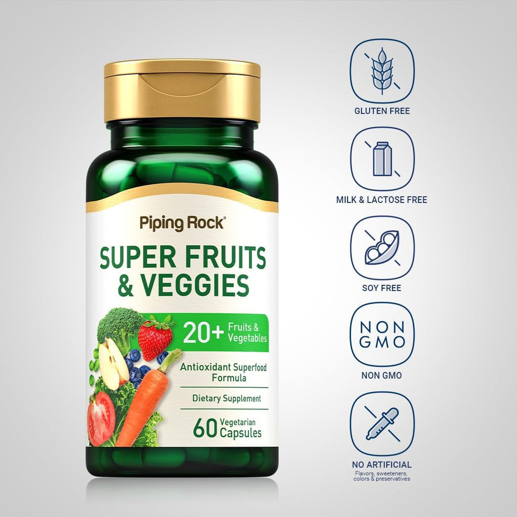 Piping Rock Fruits and Veggies Supplement | 60 Capsules | Superfood Fruit and Vegetables Vitamins | with Prebiotic Blend | Vegetarian Formula | Non-Gmo, Gluten Free