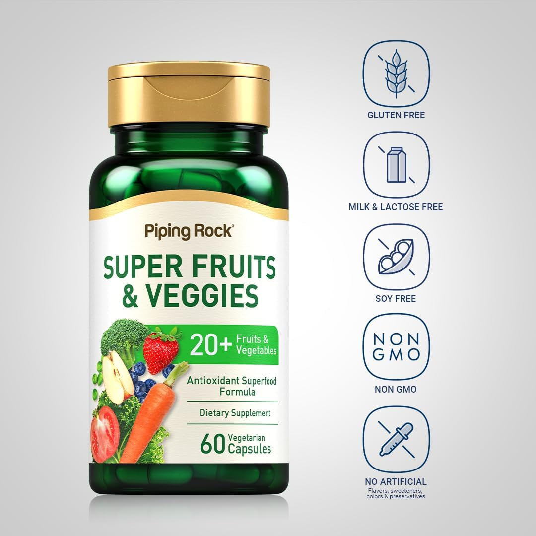 Piping Rock Fruits and Veggies Supplement | 60 Capsules | Superfood Fruit and Vegetables Vitamins | with Prebiotic Blend | Vegetarian Formula | Non-Gmo, Gluten Free