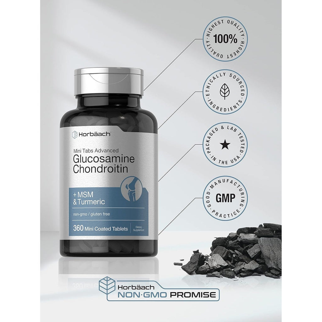 Horbäach Glucosamine Chondroitin MSM Turmeric | 360 Mini Coated Tablets | Advanced Glucosamine Formula | Non-Gmo and Gluten Free Supplement