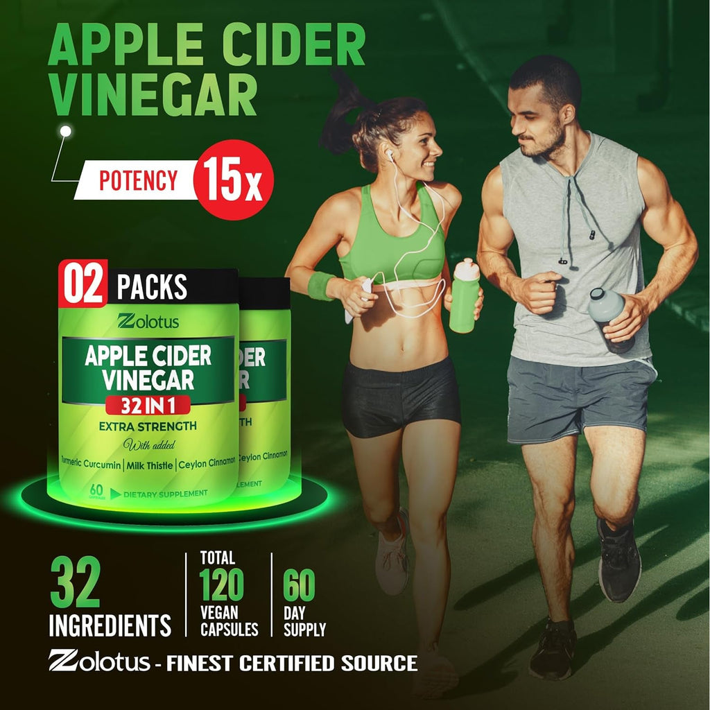 Zolotus Apple Cider Vinegar Capsules 32In1, with Turmeric, Cinnamon, Milk Thistle, Berberine, Elderberry, Quercetin - (2 Packs) 60 Capsules