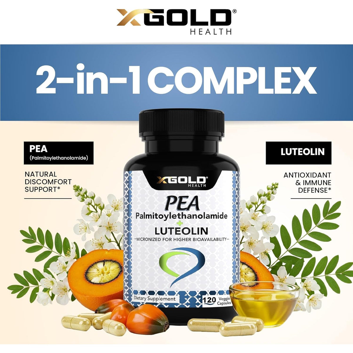 Palmitoylethanolamide 630 Mg + Luteolin Standardized 98%- Micronized Pea 99% Highly Purified and Bioavailable - Made in USA - Supplement for Men and Women - 120 Veggie Capsules