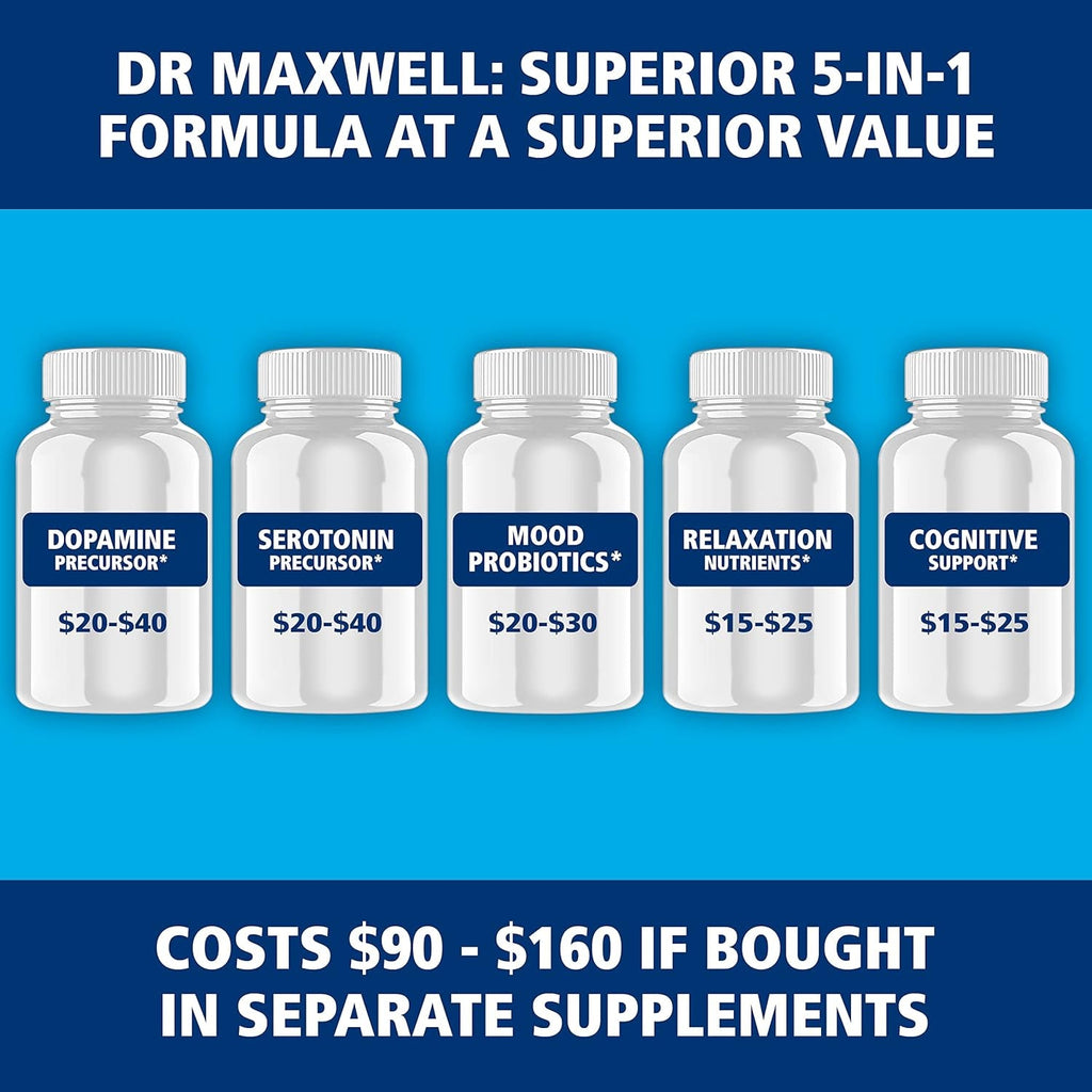 Dr. Maxwell Serotonin and Dopamine Supplements with Mood Probiotic, 5In1 Support for (1) Dopamine (2) Serotonin (3) Mood (4) Relaxation (5) Focus & Brain, 60 Capsules