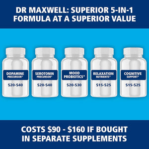 Dr. Maxwell Serotonin and Dopamine Supplements with Mood Probiotic, 5In1 Support for (1) Dopamine (2) Serotonin (3) Mood (4) Relaxation (5) Focus & Brain, 60 Capsules