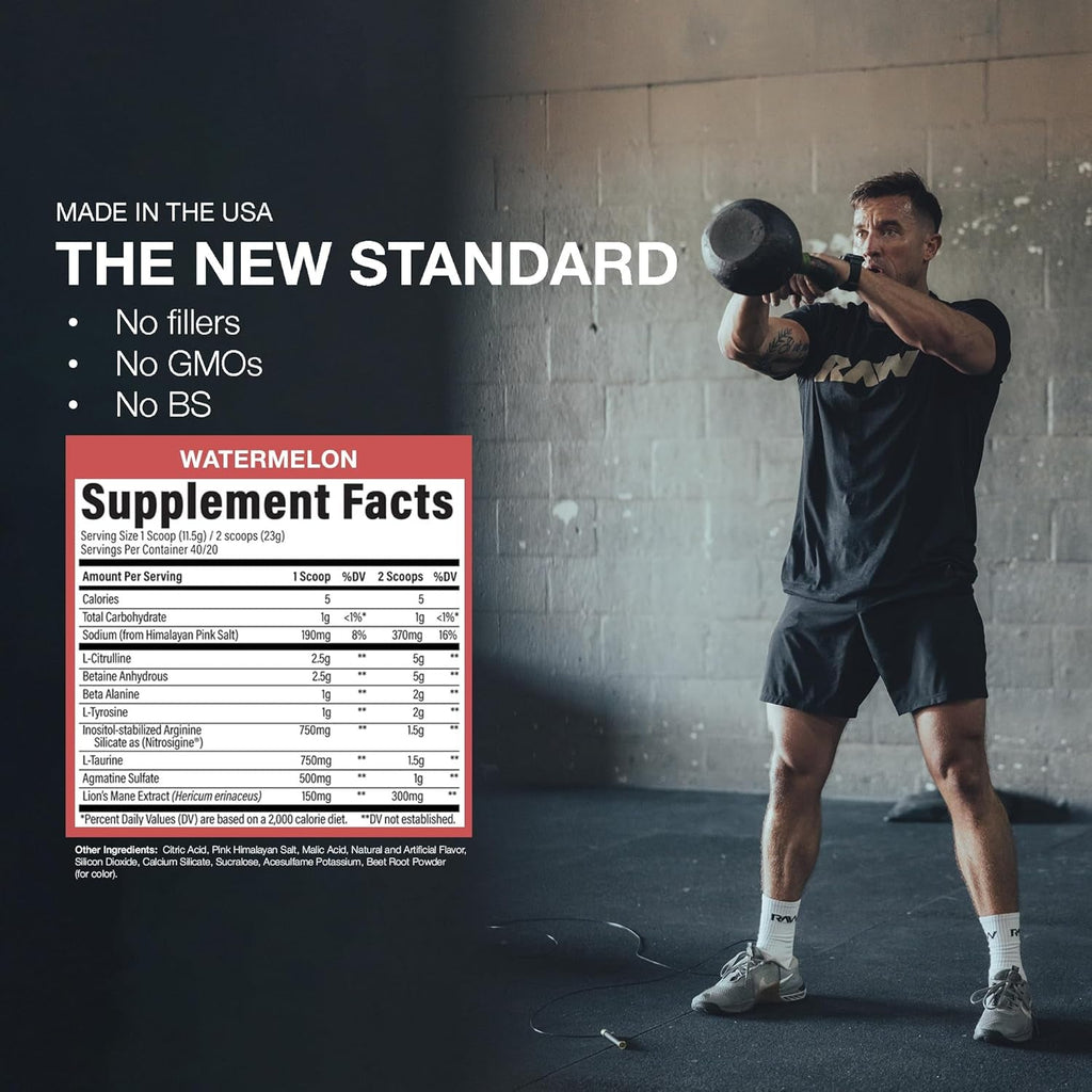 RAW Pump Stim Free Pre Workout (Watermelon) - Non-Stimulant Pre Workout Supplement Powder Nitric Oxide Booster - Pre Workout Supplements Drink for during Workout - 40 Servings
