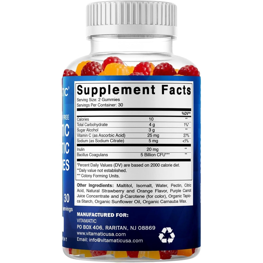 Vitamatic Probiotic Sugar Free Gummies for Men and Women – 5 Billion Cfus Digestive, Immune & Gut Health Support – Gluten Free