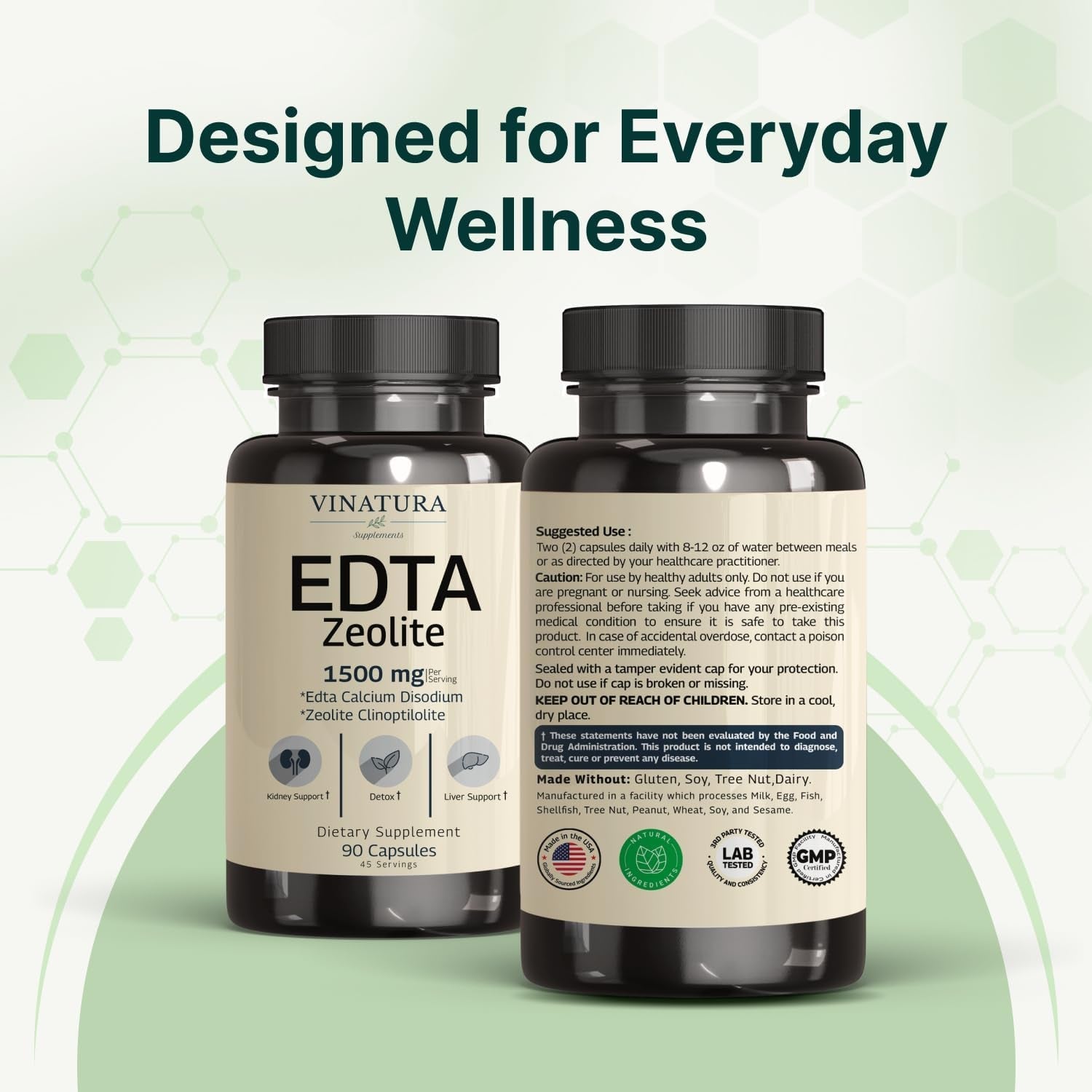 VINATURA EDTA Capsules - 1500Mg per Serv, USA Made & Tested, Liver Support - Edta Calcium Disodium, Kale Extract - 90 Capsules 45 Servings
