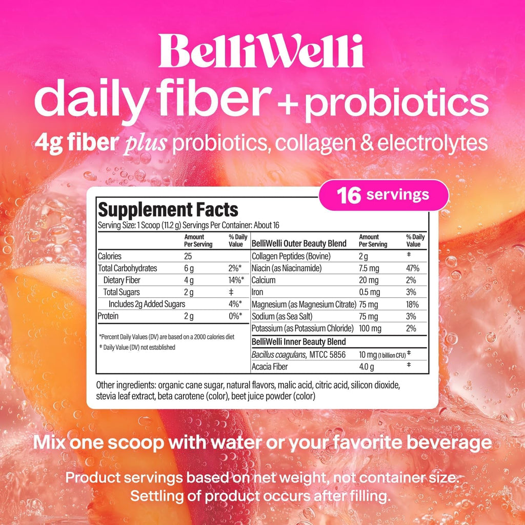 Belliwelli Fiber Supplement for Women & Men – Premium Daily Fiber Powder from Organic Acacia with Added Collagen, Electrolytes & Probiotics – No Bloat, Constipation & Gut Health Support (Peach Mango)