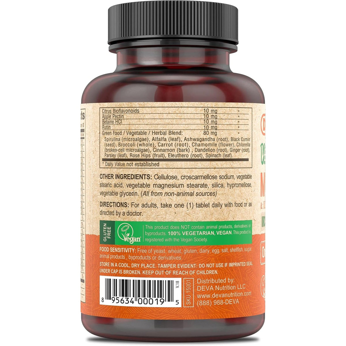 DEVA Vegan Iron-Free Multivitamin & Mineral Supplement, Green Food Blend, Spirulina, Chlorella, Ashwagandha, Broccoli, 90 Coated Tablets