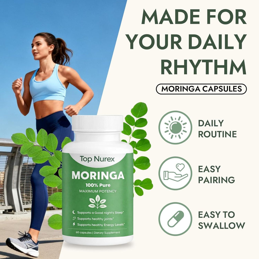 Moringa Capsules, Natural Green Superfood Supplement for Sustained Energy, Immune Support & Digestive Wellness, Non-Gmo, Vegan, 60 Capsules