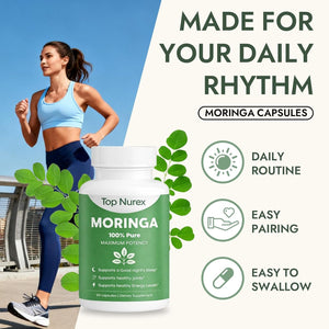 Moringa Capsules, Natural Green Superfood Supplement for Sustained Energy, Immune Support & Digestive Wellness, Non-Gmo, Vegan, 60 Capsules