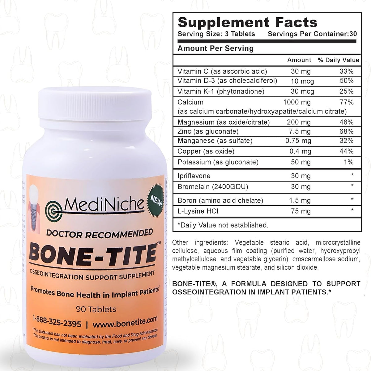 Bone-Tite Osseointegration Support Supplement I Key Vitamins, Minerals, and Nutrients to Promote Dental Implant Support | 90 Tablets | Pack of 1