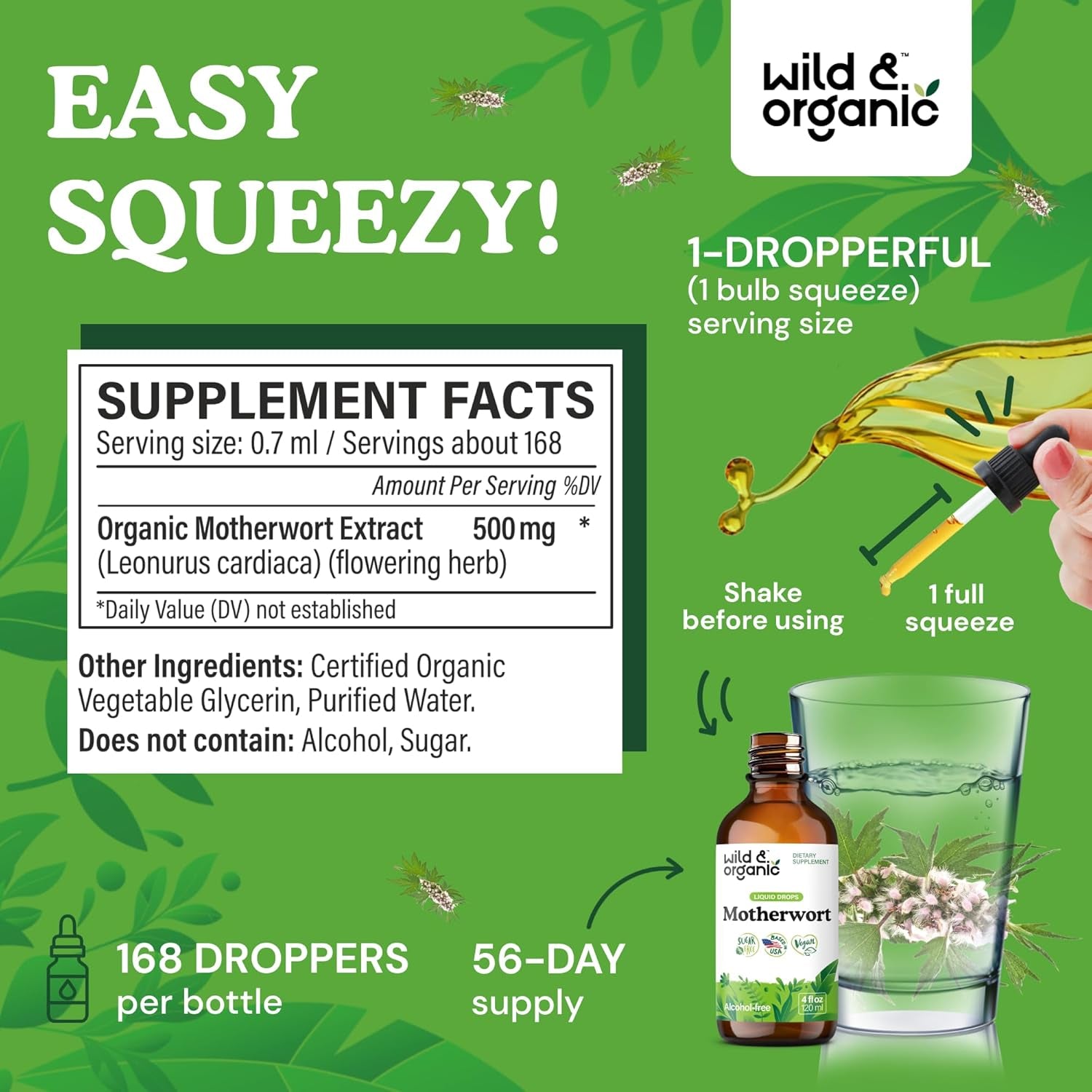 Wild & Organic Motherwort Tincture - Good Mood, Calmness, Overall Support - Supplements for Women with Motherwort Herb - Vegan, Sugar & Alcohol-Free Extract Drops - 4 Fl Oz