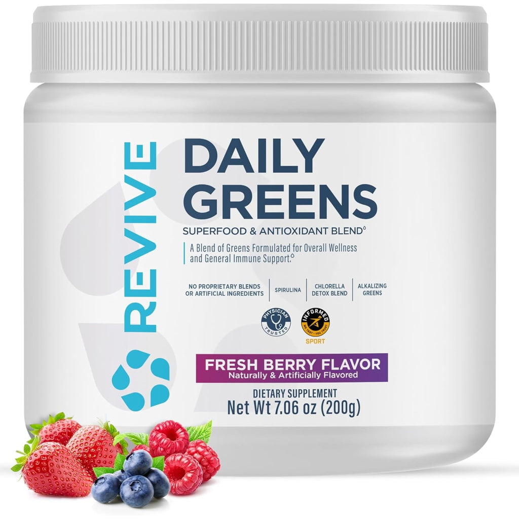 Revive MD Daily Green Powder Superfood (Fresh Berry) - Supergreens Powder to Support Energy Levels - Green Juice That Improves Fiber Intake - Vegetable Supports Digestion and Gut Health (30 Servings)