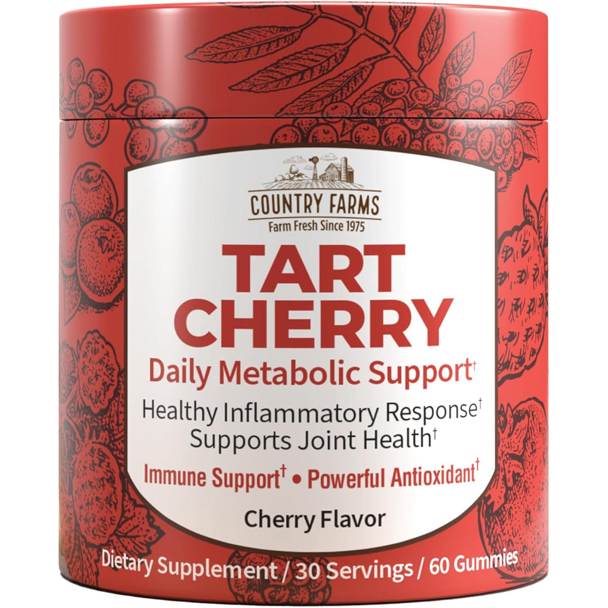 Country Farms Tart Cherry Gummies, Dialy Metabolic Support, Supports Bone Health, Packed with Potent Antioxidants, Cherry Flavor, 60 Gummies