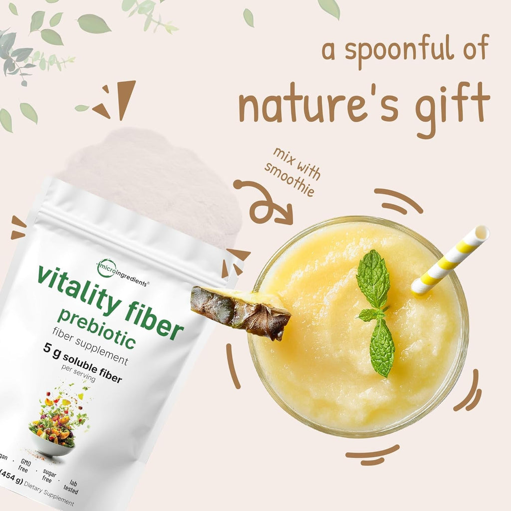 Micro Ingredients Vitality Prebiotic Fiber Powder, 1Lb | Easy Mix Powder for Digestive & Gut Health | Daily Prebiotic Soluble Fiber Supplement for Women and Men | Unflavored, Sugar Free & Vegan
