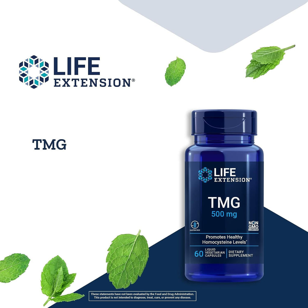 Life Extension TMG, Trimethylglycine, Encourages Healthy Homocysteine Levels, Non-Gmo, Gluten-Free, Vegetarian, 60 Capsules