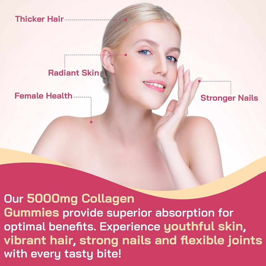 Collagen Gummies for Women, Hydrolyzed Collagen Peptides Type I, II, III, V, X, 0 Sugar - Collagen Gummies for Skin, Wrinkles, Hair, Nails, Digestive & Immune Health, 60 Days Supply