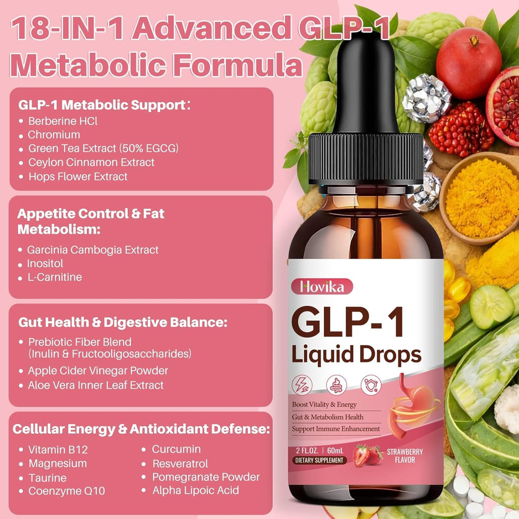 GLP-1 Supplement, GLP-1 Support Liquid Drops with Berberine, Chromium, Ceylon Cinnamon, Green Tea & Hops Flower Extract, GLP-1 Supplement for Gut & Metabolism Health, Vegan, Strawberry Flavor, 2 Fl Oz