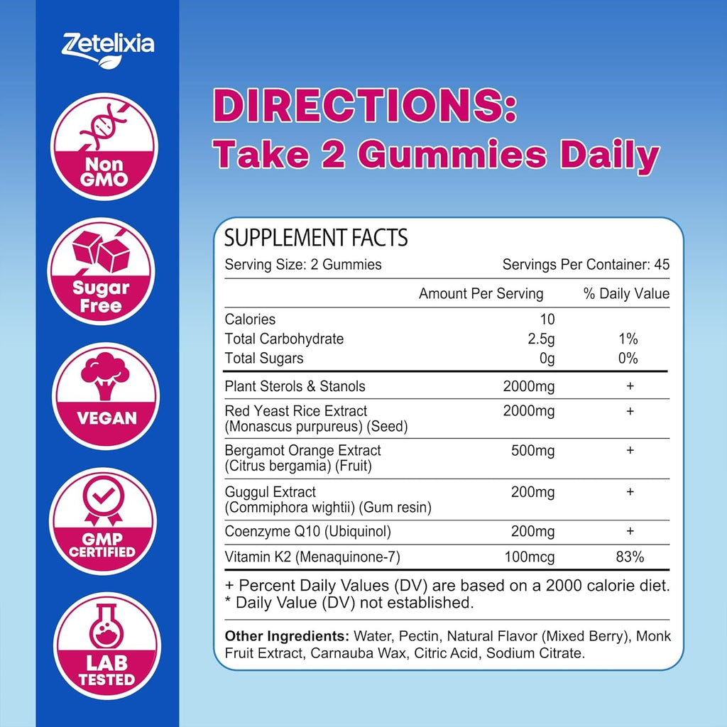 Cholesterol Lowering Supplements Gummies, Cholesterol Gummies with Plant Sterols & Stanols, Red Yeast Rice, Lower Cholesterol Naturally – Vegan, Non-Gmo, Mixed Berry Flavor, 90Ct